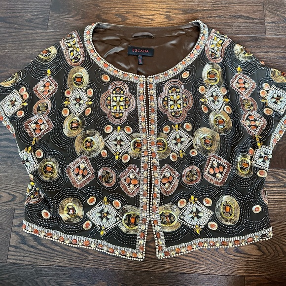 Escada Jackets & Blazers - Vintage Escada 100% Silk Beaded Sequin Embellished Cropped Jacket Top Size 44